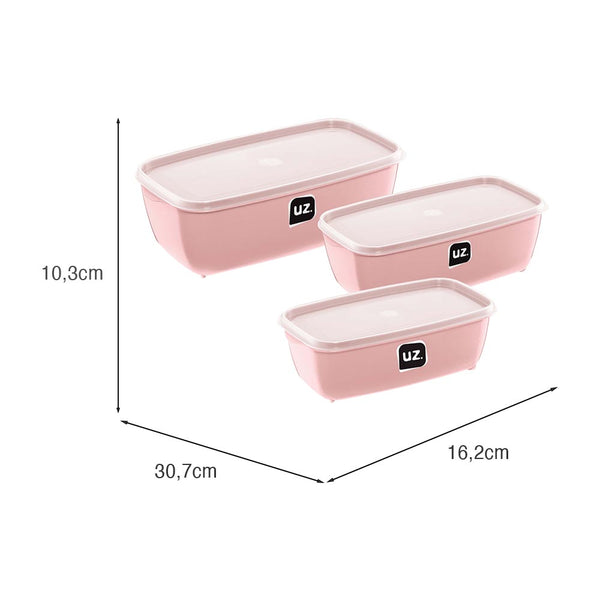 Kit 3 Potes Multiuso Retangular Premium Rosa UZ