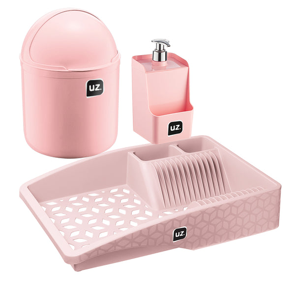 Conjunto 3 Peças para Pia com Escorredor Rosa UZ - fundo branco