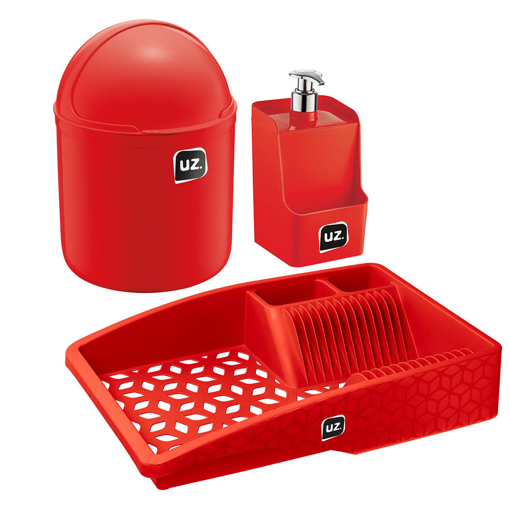 Conjunto 3 Peças para Pia com Escorredor Vermelho UZ