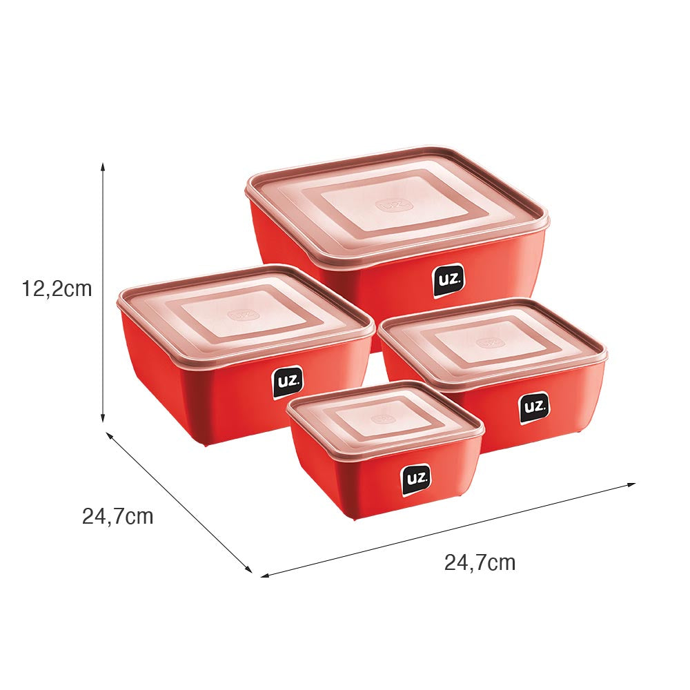 Kit 4 Pote Multiuso Quadrado Premium Vermelho UZ - medidas