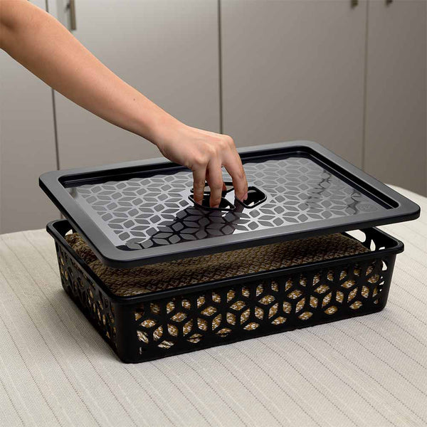 Cesto Organizador Raso com Tampa 9 Litros Preto UZ - ambiente